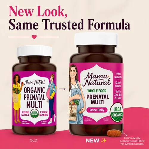 Vista 4 de Mama Natural Vitaminas prenatales orgánicas para mujeres veganas (30 porciones), vitaminas prenatales One A Day para mujeres embarazadas, a base