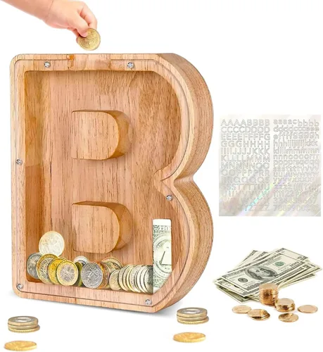 Vista 28 de Alcancía de Madera Personalizada con Letras del Alfabeto, Banco de Monedas con Letras del Alfabeto para Niños, Niñas y Bebés, Tamaño Grande, 26