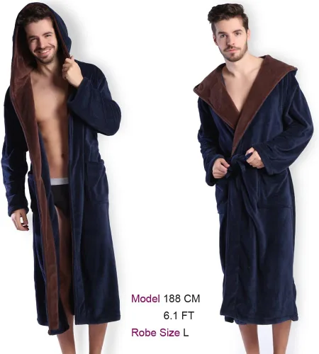 Vista 2 de Bata de baño con capucha para hombre, suave y de longitud completa, cómodo camisón cálido de longitud completa