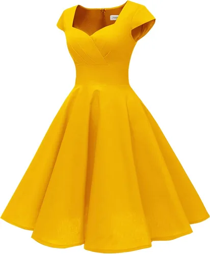 Vista 4 de Hanpceirs - Vestido de cóctel para mujer con mangas casquillo, estilo retroclásico de la década de 1950, acampanado y con bolsillo
