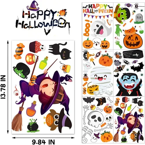 Vista 2 de 6 hojas de adhesivos para ventana, lindas calcomanías y calcomanías de Halloween para niños, decoración de ventanas interiores