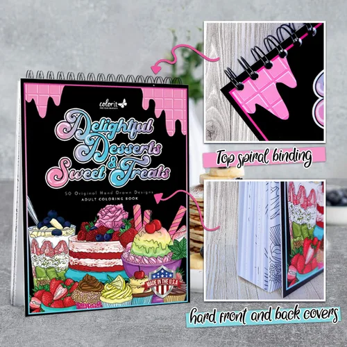 Vista 3 de ColorIt Delightful Postres and Sweet Treats - Libro para colorear para adultos, 50 diseños de una cara, papel liso grueso, tapa dura plana