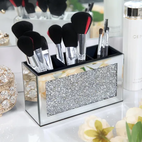 Vista 12 de SHYFOY Organizador Portacepillos de Maquillaje Negro, Organizador de Almacenamiento de Cepillos de Cosméticos de 3 Ranuras de Vidrio con Diamante