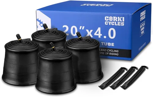 Vista 2 de Corki Cycles 20 Inch Fat Tire Tube 4 Pack 20x3.0 20x3.5 20x4.0 Standard Schrader Valve 32mm, Butyl Rubber 20 Bike Inner Tube
