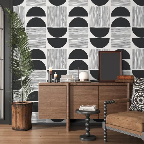 Vista 3 de VEELIKE Papel tapiz moderno de mediados de siglo en blanco y negro, papel tapiz geométrico abstracto para dormitorio, baño, 17.7 x 118 pulgadas