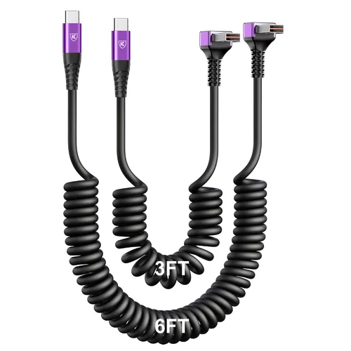 Vista 11 de Cable USB A a USB C de 90 grados, paquete de 2 cables USB tipo C en espiral de 3 pies para automóvil, cable de carga rápida USB-C compatible