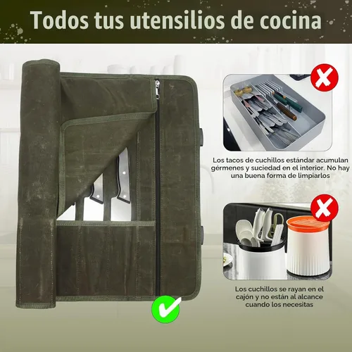 Vista 4 de Bolsa enrollable para cuchillos de chef, estuche de viaje para cuchillos de lona encerada, soporte de almacenamiento profesional resistente con 10