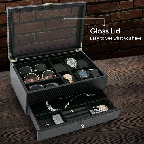 Vista 3 de HAUTEROW Caja organizadora de relojes para hombres, caja de joyería, estuche de reloj, organizador de gafas de sol, bandeja de valet, organizador