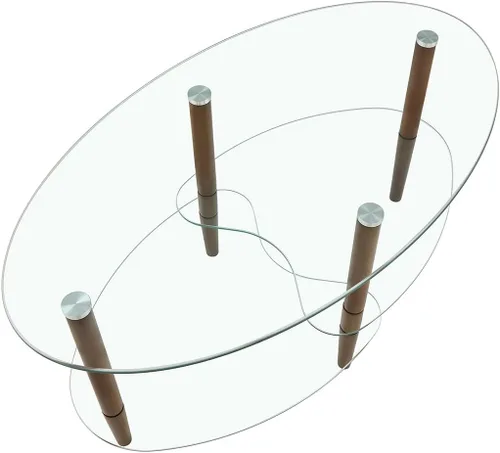 Vista 5 de Mesa de centro ovalada con almacenamiento, moderna mesa de vidrio de 3 capas para sala de estar (marrón)