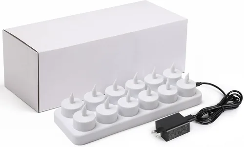 Vista 7 de WoneNice, Velas de té recargables (no necesitan baterías) con sostenedor esmerilado, base color blanca, Plástico, Blanco, Juego de 12