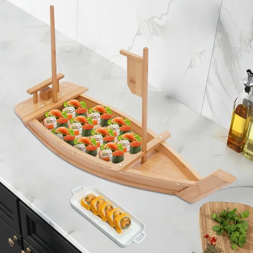 Vista 3 de Bandeja de bambú para servir en barco de sushi de 27.6 pulgadas, plato de sushi para platos de restaurante comerciales, platos de sushi extra