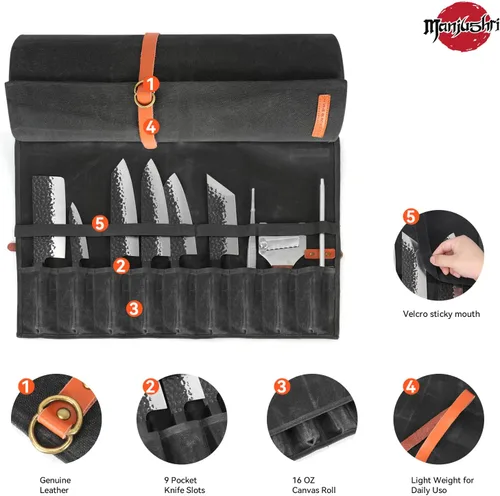 Vista 6 de Manjushri Bolsa enrollable para cuchillos de chef con 9 bolsillos de tela de lona y cinturón de cuero genuino. Negro