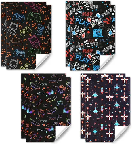 Vista 2 de Geluode Papel de regalo de cumpleaños para niños y niñas, amantes de los videojuegos, papel de regalo de videojuegos de 4 estilos, 8 hojas plegadas