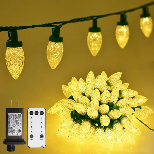 Vista 9 de ZAIYW Tira de luces de Navidad C9 de 66 pies, 100 luces LED de fresa, enchufe UL, tira de luces C9, cable verde, impermeable, para aleros de techo