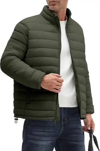 Vista 2 de WHN Chaqueta acolchada para hombre, ligera, impermeable, resistente al viento, cuello alto, con cremallera completa, con 3 bolsillos