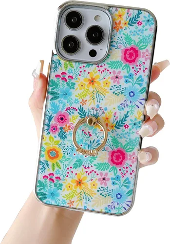 Vista 9 de Funda para iPhone 14 Pro Max híbrida de poliuretano termoplástico plateado con parte trasera dura, patrón floral, funda protectora para teléfono