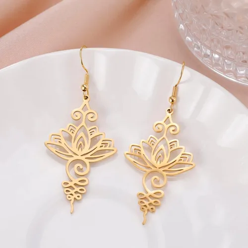 Vista 7 de kkjoy Collar de loto Unalome de acero inoxidable, flor de loto, símbolo de yoga, aretes inspiradores de budismo, joyería para mujeres y niñas