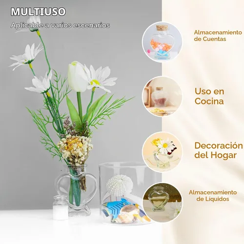 Vista 5 de FJNATINH Botella de cristal con forma de corazón con tapón de corcho, tarros decorativos pequeños de 1.7 onzas líquidas para decoración del hogar