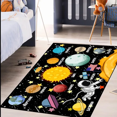 Vista 4 de Alfombras espaciales para dormitorio, alfombra Galaxy para habitación de niños, alfombras para sala de juegos, alfombra del sistema solar, 2 x 3 pies