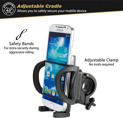 Vista 2 de Scosche HFBM01 Handleit Soporte de teléfono para manillar de bicicleta con soporte universal para dispositivos móviles compatibles, ajustable