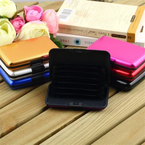 Vista 5 de Funda protectora de aluminio para tarjetas de crédito con bloqueo RFID para mujer, tarjetero, Azul