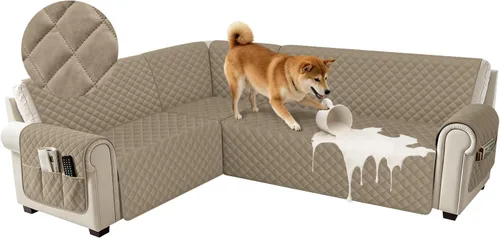 Vista 36 de Fundas impermeables para sofá seccional de esquina en forma de L, de terciopelo, juego de 6 piezas, funda en forma de U para sofá, para perros