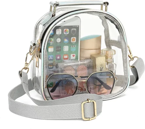 Vista 8 de Monederos transparentes para estadio de mujer, bonita bolsa transparente aprobada para estadios, bolso transparente con cremalleras arcoíris