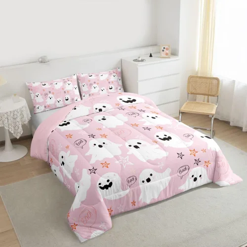 Vista 2 de Feelyou Juego de edredón de Halloween, color rosa fantasma, juego de ropa de cama tamaño individual, decoración para niños y niñas, lindo juego