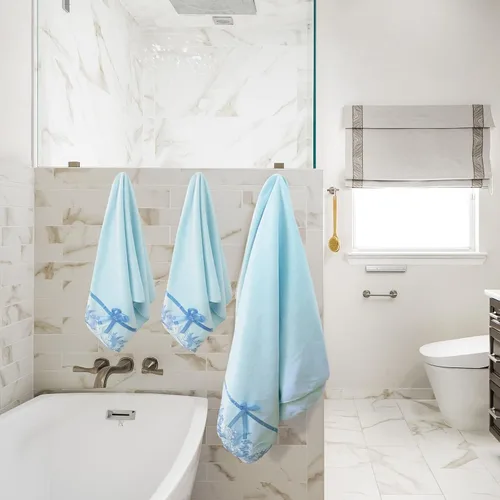 Vista 4 de Juego de Toallas de Baño USTIDE de Encaje Azul, Juego de Toallas de Mano de Terciopelo y Suave para Baño y Ducha