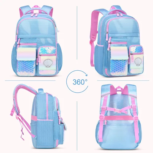Vista 7 de Mochila para niñas, mochilas escolares de 16 pulgadas para niñas, bonita bolsa de libros para niñas, niños, estudiantes, escuela primaria, Azul