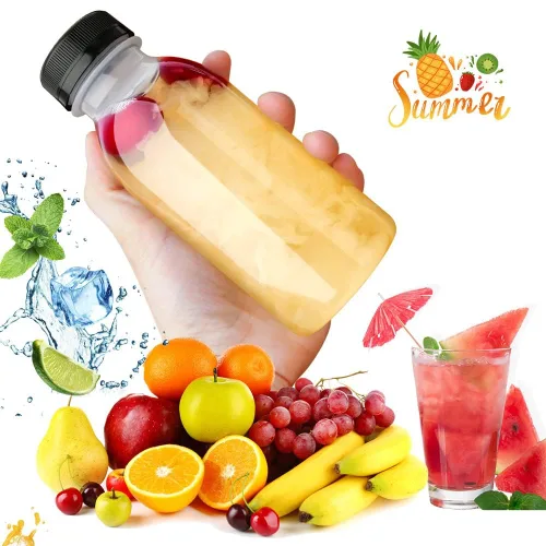Vista 5 de Holotap 42 Pzas Botellas de Plástico para Jugo de 8 OZ con Tapas, Botellas de Plástico Desechables Transparentes Vacías a Granel con Tapas Blancas a