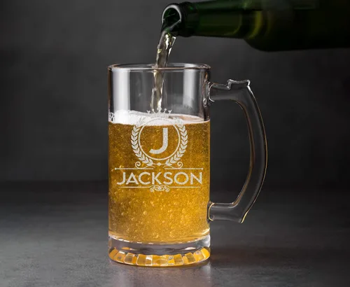 Vista 5 de Tazas de cerveza personalizadas con monograma con nombre grabado, aniversario, boda, inauguración de la casa (12 onzas)