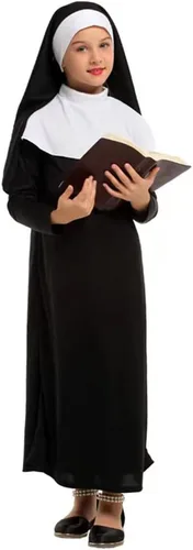 Vista 2 de YEMYIQZ Nun Costume For Kids Girl Dress Catholic Sister Robe Priest Halloween Outfit Carnival Cosplay Child Gothic Head Wrap