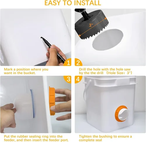 Vista 6 de Comedero automático para gallineros sin residuos, 6 puertos con tapa, resistente a la intemperie, reutilizable, gravedad, sin derrames, kit