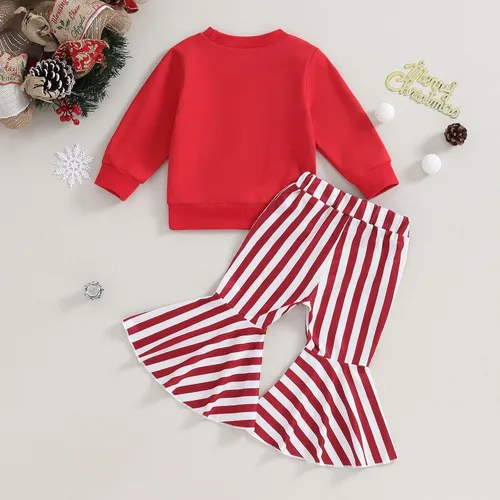 Vista 7 de Conjunto de sudadera de manga larga con estampado de letras y pantalones acampanados a rayas, ropa de invierno
