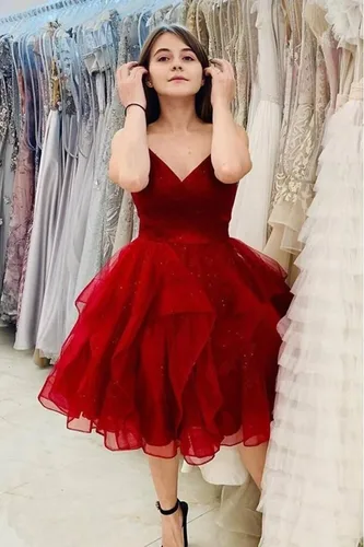 Vista 3 de ZSHAOLHYJYZS Vestidos escalonados de regreso a casa 2025 con cuello en V y purpurina de tul con tirantes delgados, vestidos cortos de graduación