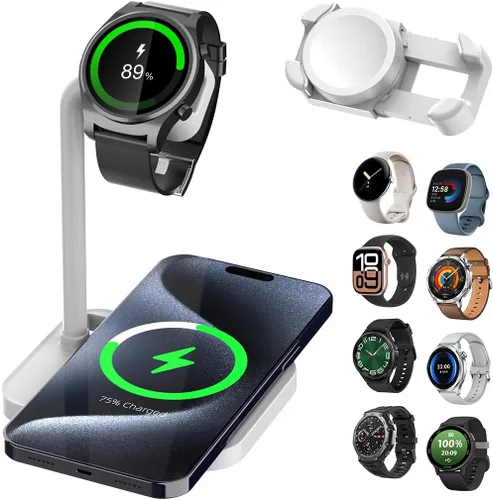 Vista 10 de Base de carga inalámbrica universal 2 en 1 con soporte ajustable para reloj inteligente, compatible con Samsung Galaxy, Google Pixel, Huawei