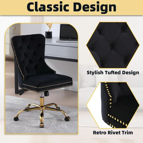 Vista 12 de ABET - Silla giratoria de terciopelo para escritorio, respaldo alto copetudo, sin brazos dorados, color negro