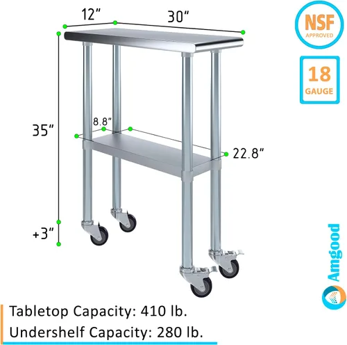 Vista 3 de AmGood Mesa de trabajo de acero inoxidable de 30 x 12 pulgadas con ruedas, mesa de metal resistente sobre ruedas, carrito de isla de cocina