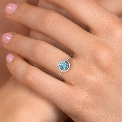 Vista 22 de Gem Stone King Anillo de compromiso de boda de oro blanco de 10 quilates con piedra natal y halo de diamantes Redondo de 0.236 in Anillo de oro