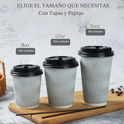 Vista 7 de MUCHII Tazas de café desechables de 12 onzas, 100 unidades, tazas con aislamiento ondulado para llevar con tapas y popotes para té, chocolate