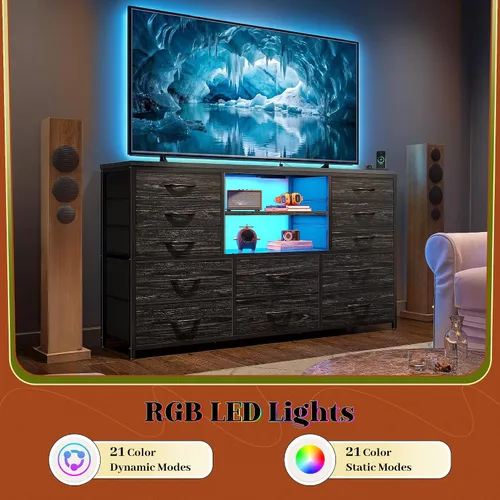 Vista 6 de EnHomee - Cómoda negra con luces LED y estación de carga, soporte de TV para televisor de 60 pulgadas, cómodas anchas y cómodas con estantes