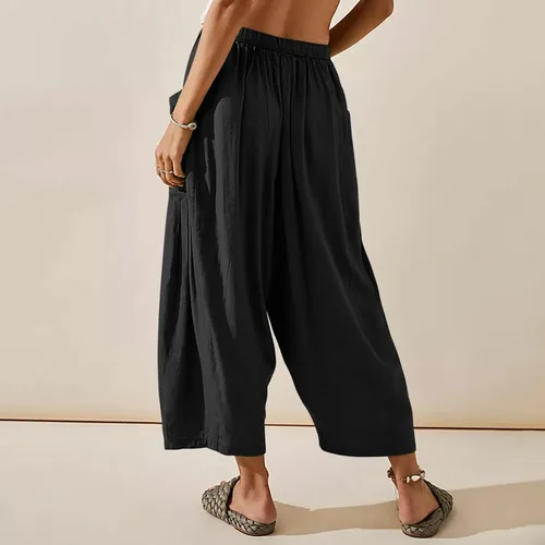Vista 5 de Quinn - Pantalones de lino para mujer, talla grande, de pierna ancha, con bolsillos, holgados, hippie, harén, bohemios, para playa