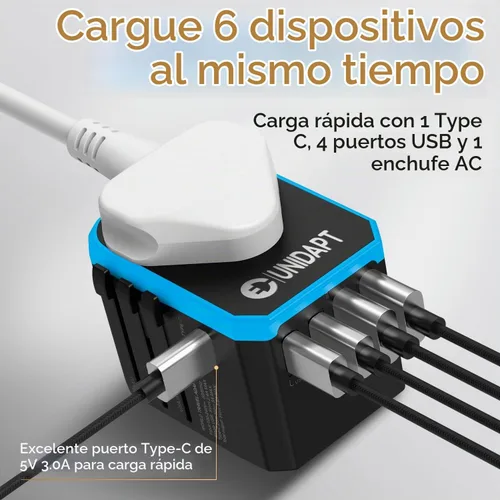 Vista 2 de Adaptador de viaje universal, adaptador de enchufe internacional Unidapt de 5.6A, alimentación inteligente 3.0A 4 USB 1 tipo C, adaptador