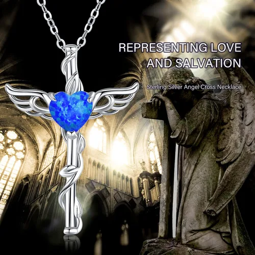 Vista 7 de Angel Necklace 925 Sterling Silver OpalMoonstoneBlue Crystal Angel Wings Cross Urn Pendant Necklace Hypoallergenic Moonstone Angel Cross Pendant