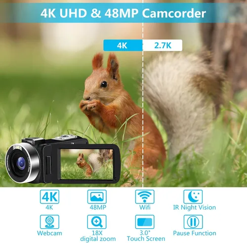 Vista 2 de Cámara de video 4K videocámara 48MP 30FPS IR visión nocturna WiFi grabadora de cámara, zoom digital 18X, pantalla táctil de 3 pulgadas, cámara