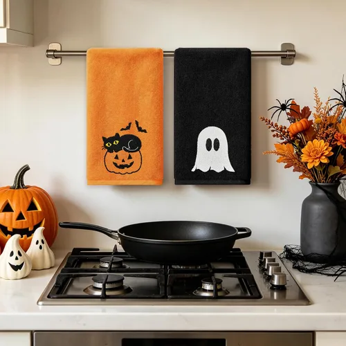 Vista 5 de Hexagram Toallas de mano de Halloween, toalla bordada, decoración de baño de Halloween Decoración de fantasma de gato, toallas negras, calabaza