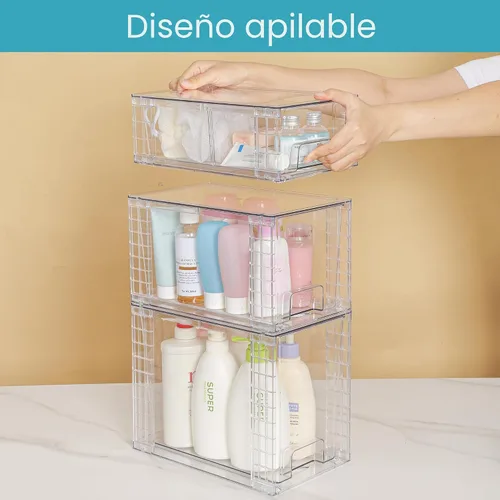 Vista 8 de Vtopmart Paquete de 3 cajones de almacenamiento apilables transparentes, organizadores de baño fáciles de montar y almacenamiento con asas, cajones