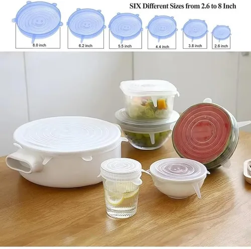 Vista 2 de Tapas elásticas de silicona, paquete de 12 unidades, 6 tamaños, reutilizables, sin BPA, para almacenamiento de alimentos, aptas para microondas