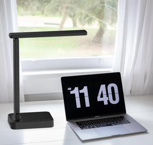 Vista 7 de Drevet Lámpara LED de escritorio para dormitorio universitario, luz de escritorio con 1 puerto de carga USB, 2 tomas de corriente CA, 3 modos